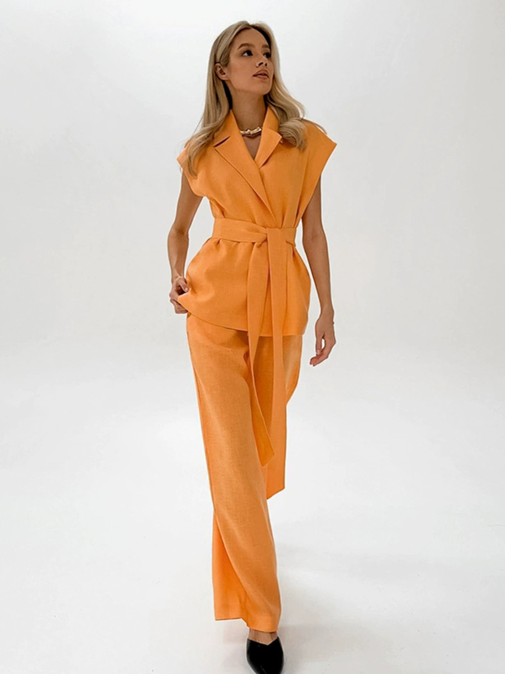 Forever 21 Orange Sleeveless Tie Front Blouse Pants Set Casual Linen Cotton